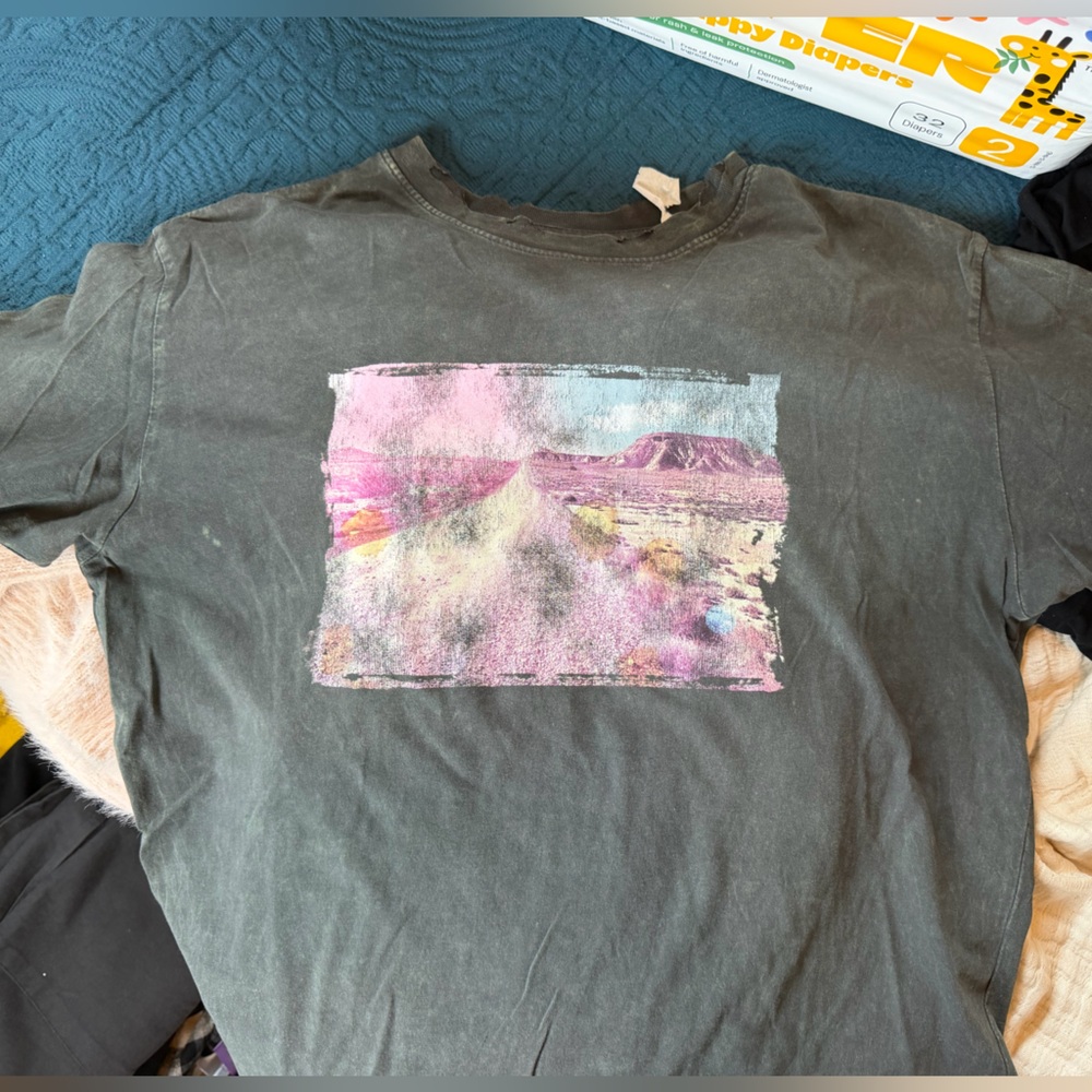 Graphic Short Sleeve Tee - Black with Pink Landscape Print